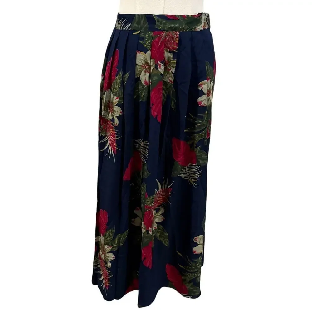 Vintage Alfred Dunner Silk Dark Navy Blue Tropical Floral Midi Skirt Size 12